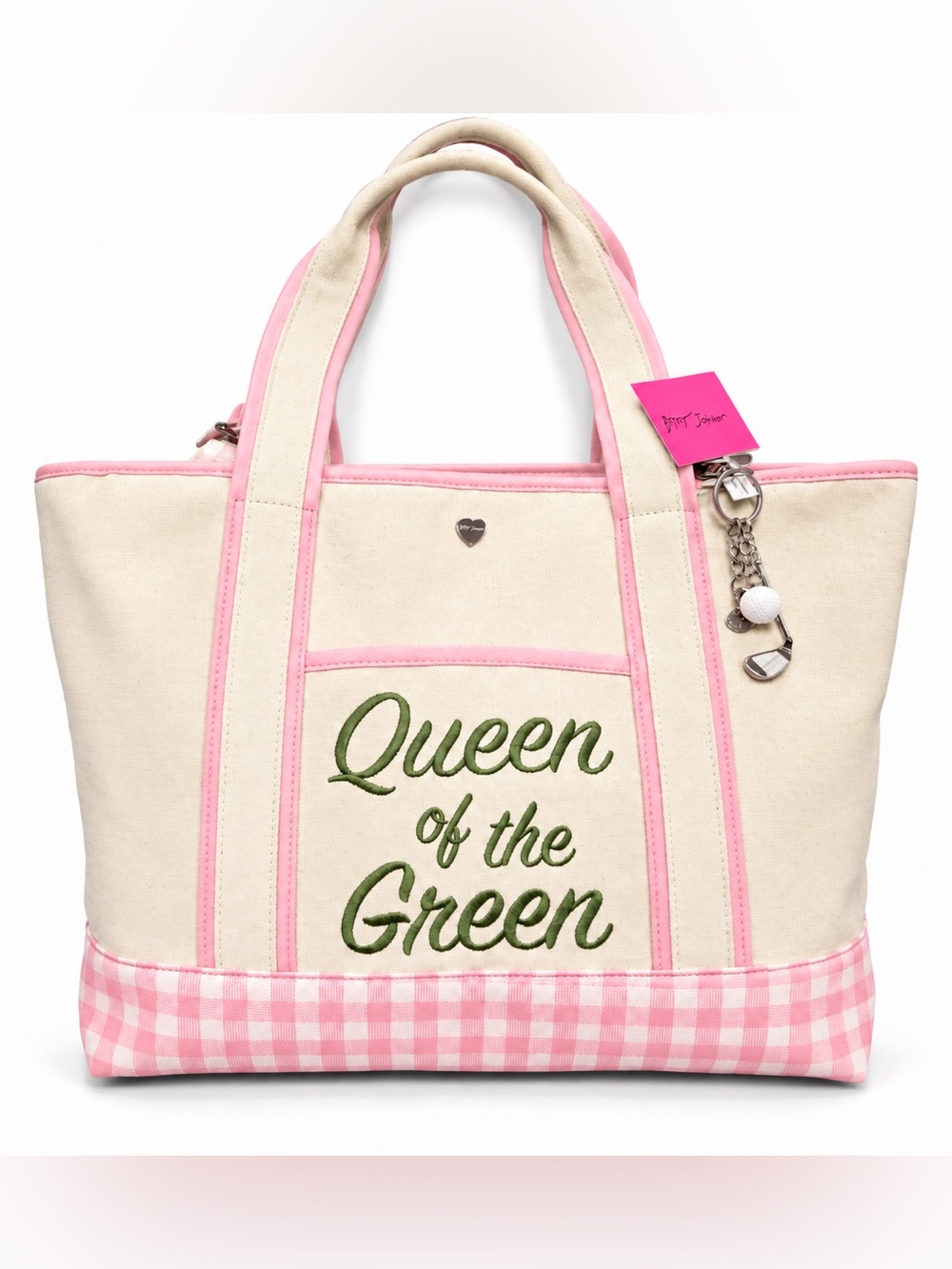 HTF Betsey Johnson Cream Canvas Golf Tote with Pink Trim and Green Embroidery